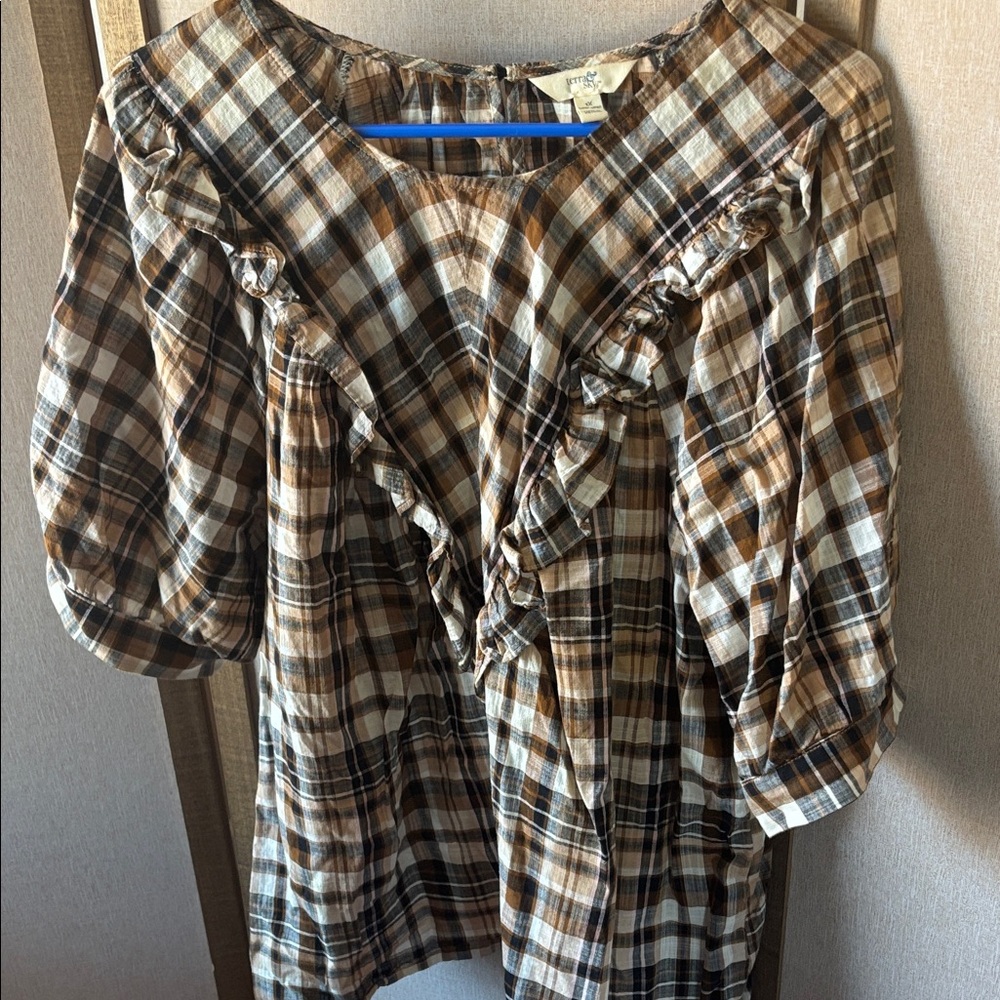 FINAL MARKDOWN Terra & Sky Brown Plaid Ruffle Blouse 1X
